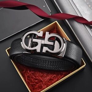 Luxury Black Leather Belt with Gold Buckle
